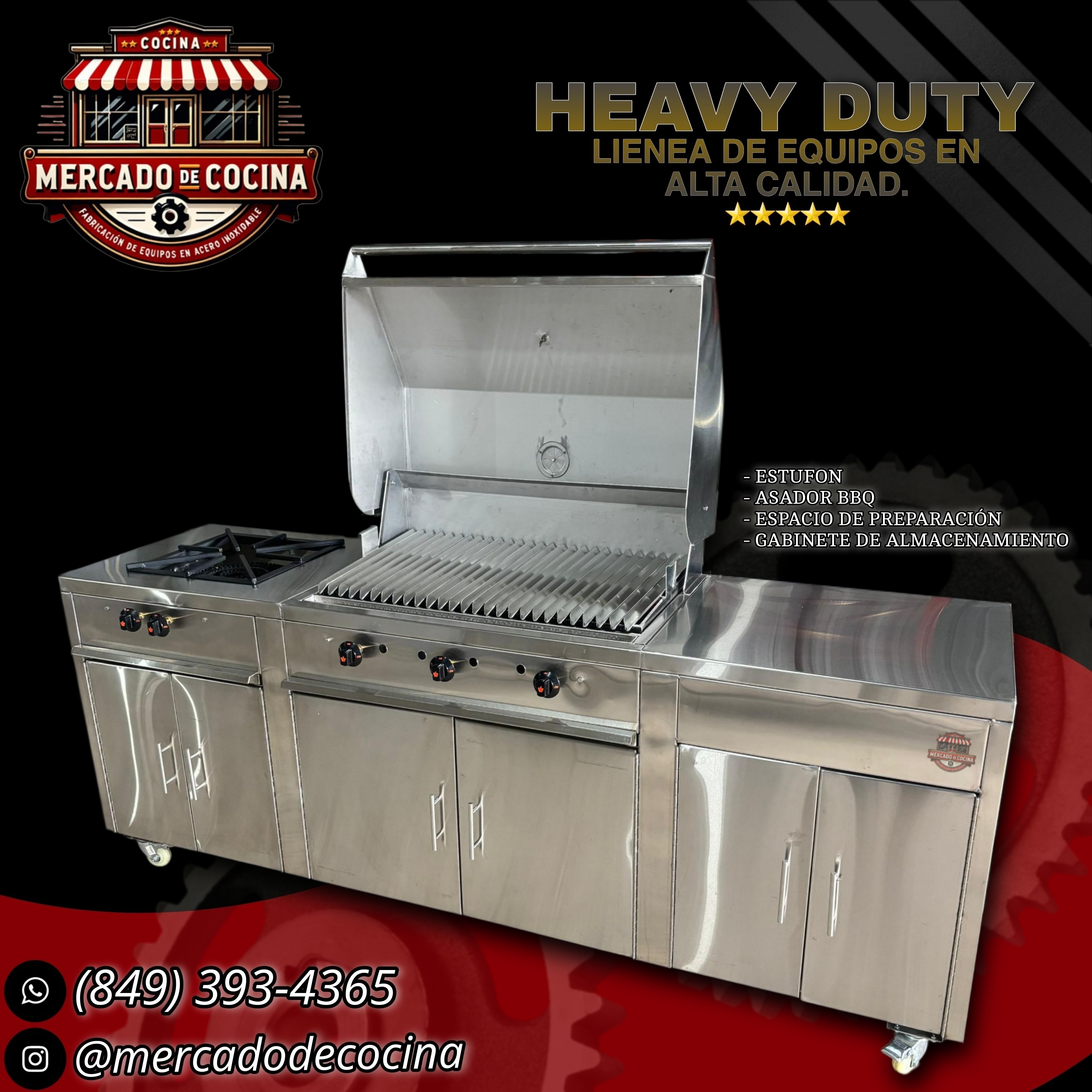 Asador BBQ + estufón con tope y gabinete cerrado.