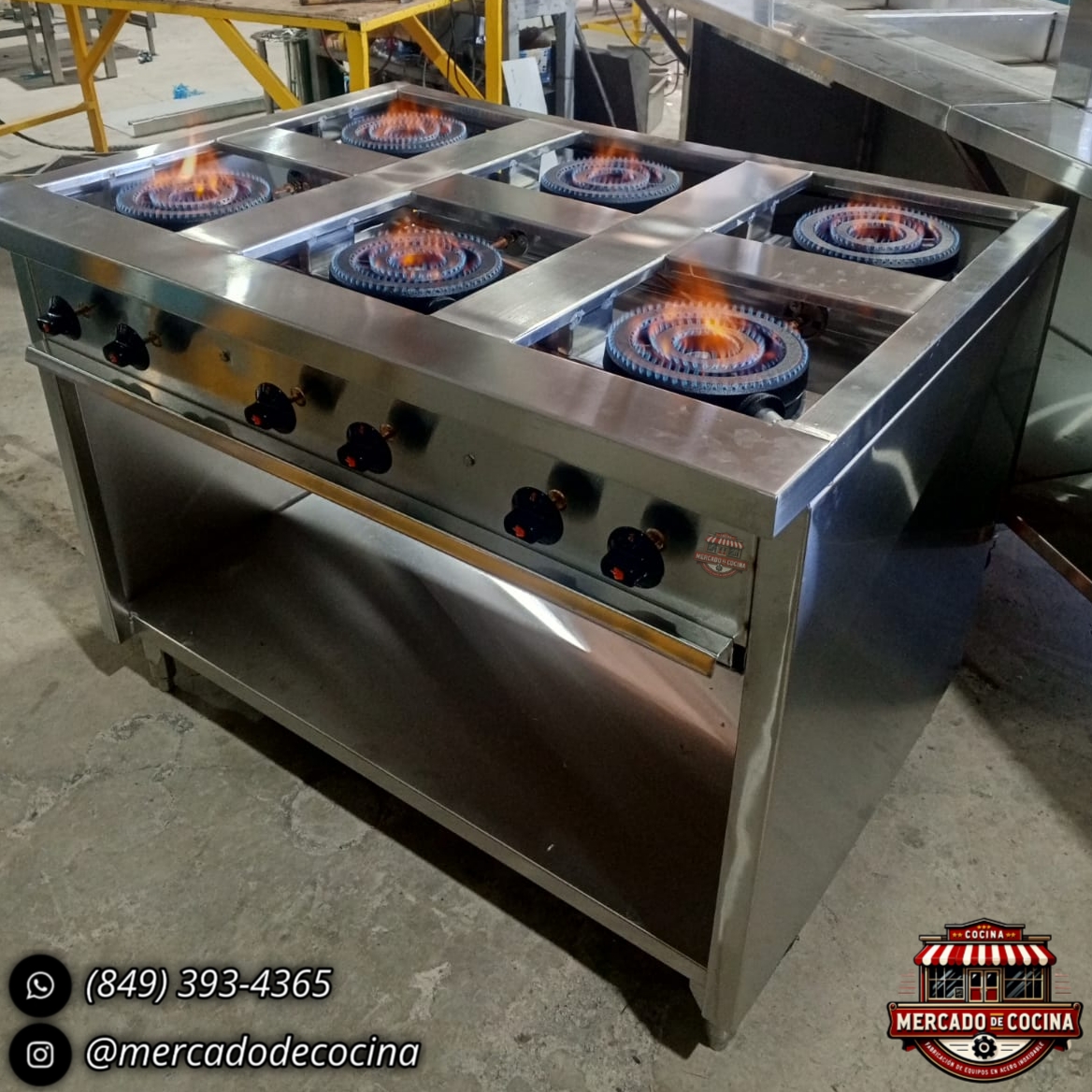 Estufa industrial mod-PRO 6 quemadores de fundición, gabinete abierto.