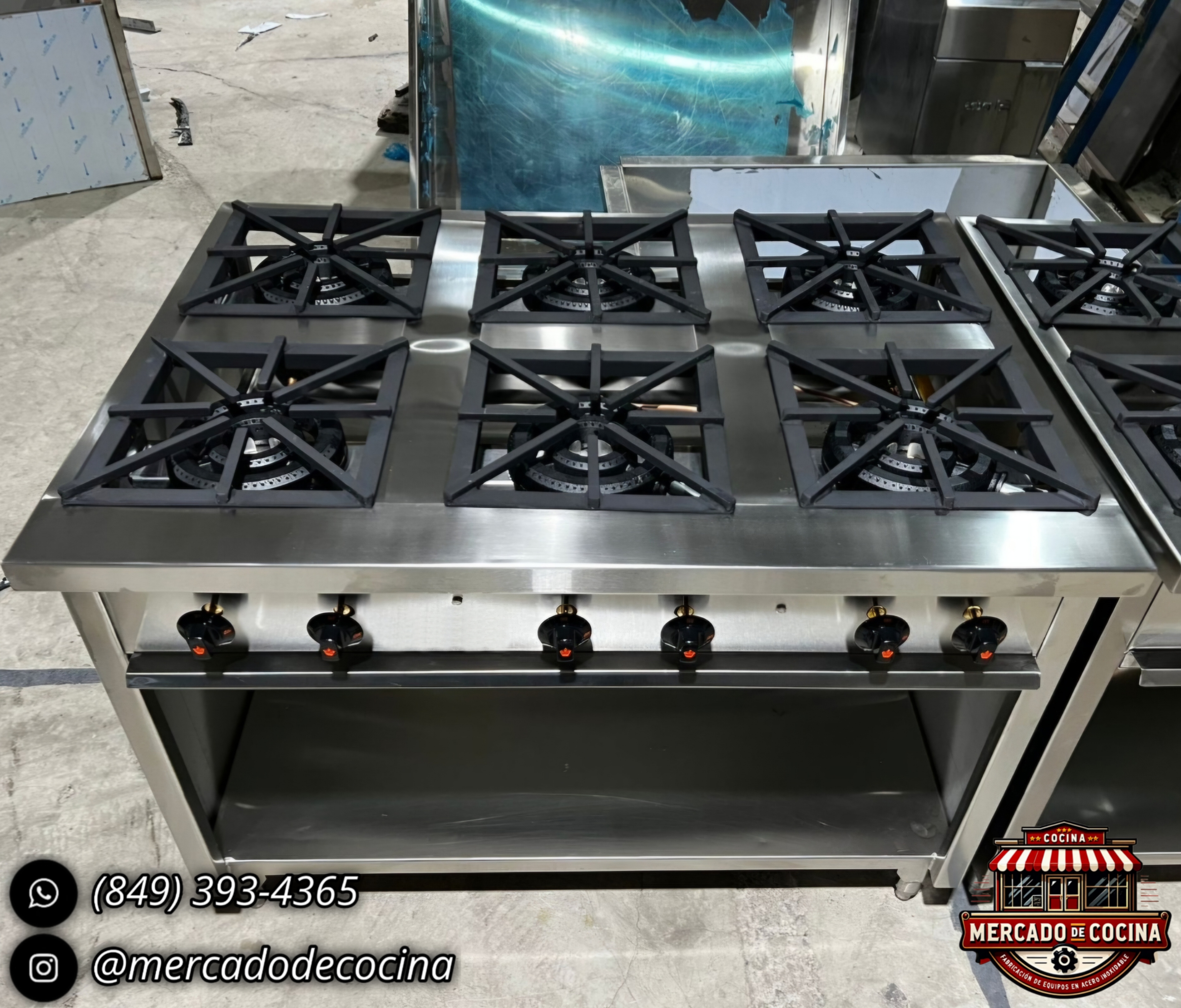 Estufa industrial mod-PRO 6 quemadores de fundición, gabinete abierto.