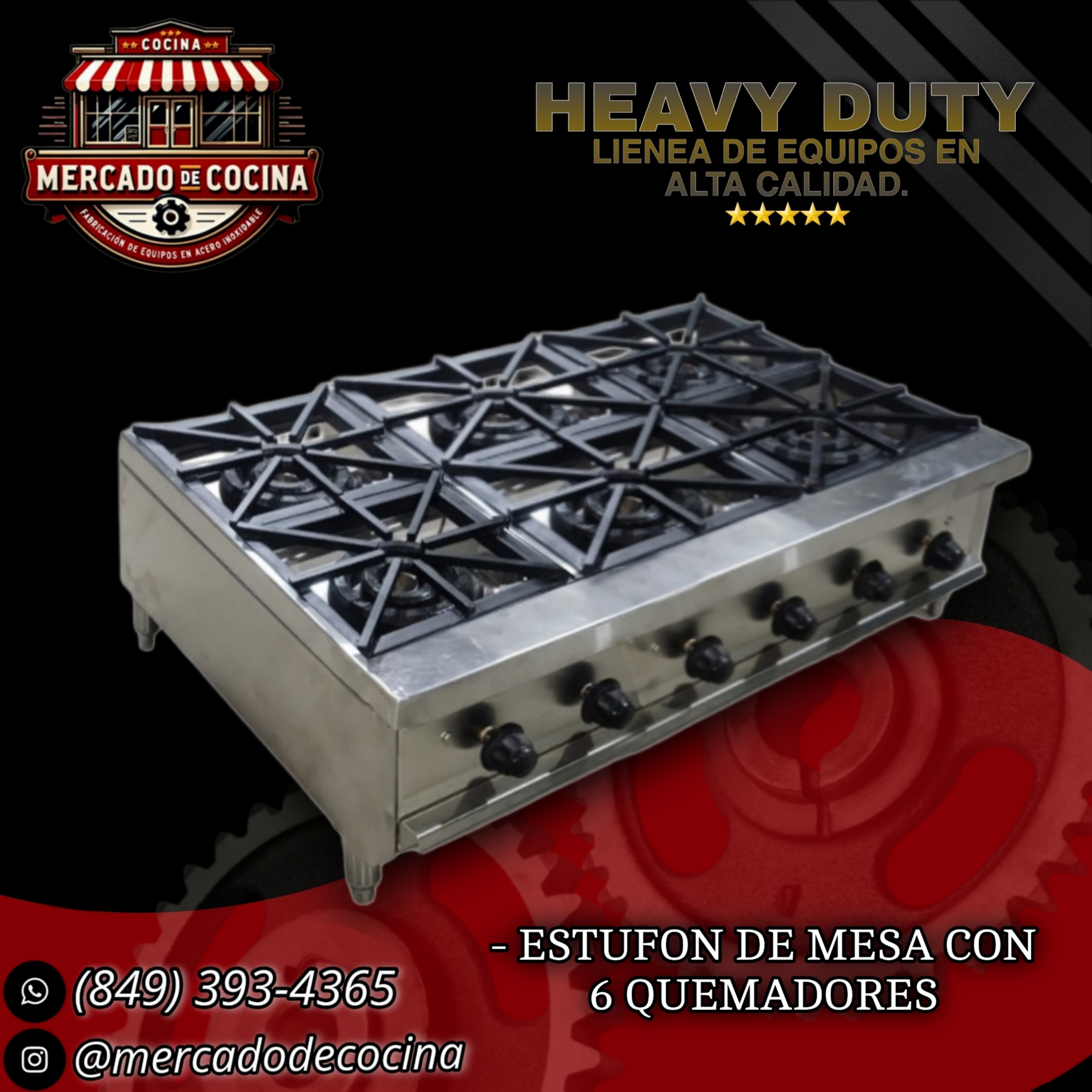 Estufa industrial mod-PRO 6 quemadores de fundición, para mesa.